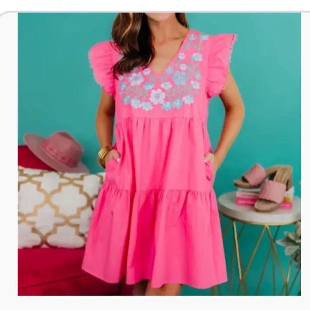 THML Embroidered Floral Ruffle Sleeve Dress